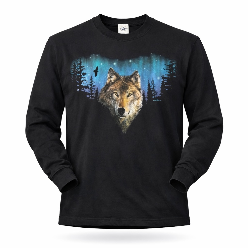 Vintage 90s Delta Magnum Weight Wolf Northern Lights Graphic Long Sleeve Tee Med